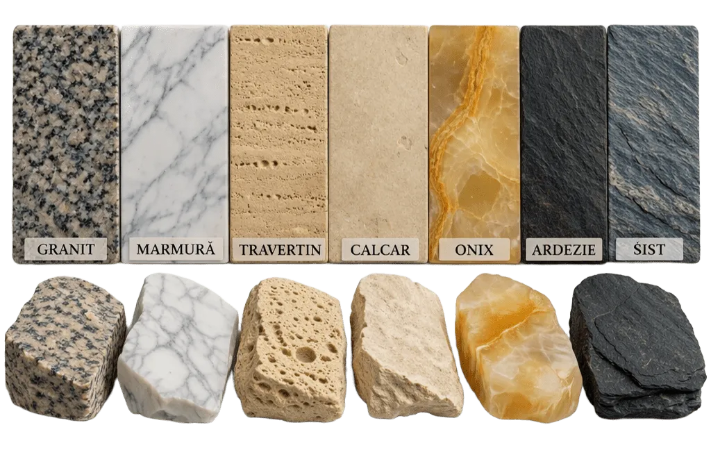 Mostre de marmură, granit, travertin, calcar, onix și ardezie – tipuri de piatră naturală