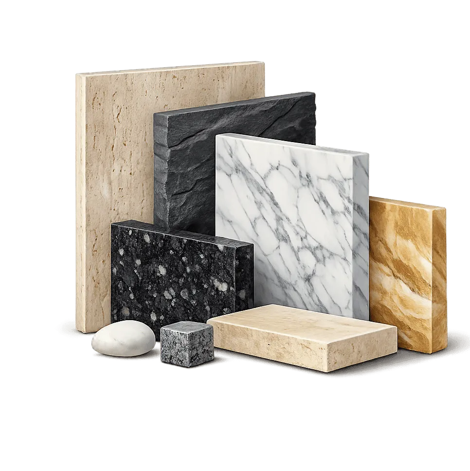 Pietre naturale Granital – granit, marmură, travertin, ardezie, calcar și onix, aranjate elegant pe fundal transparent, cu umbră fină și texturi autentice.
