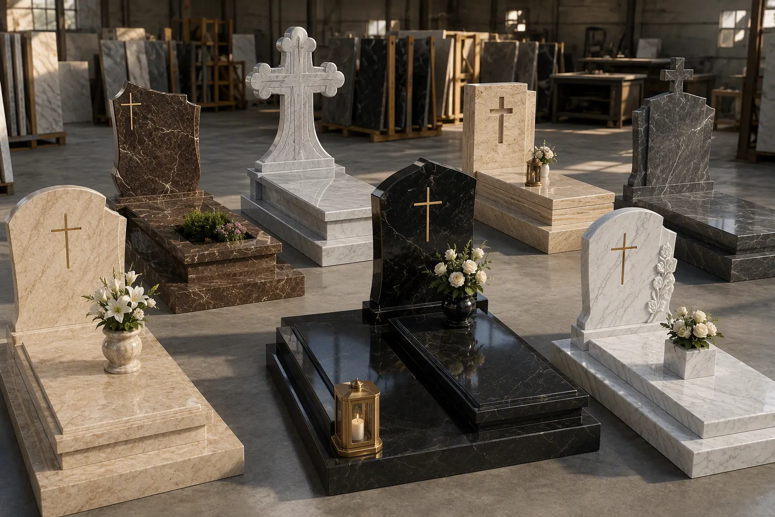 Monumente funerare din marmură naturală premium expuse în showroom Granital