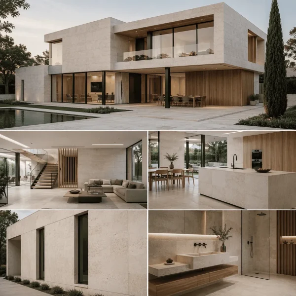 Calcar natural premium utilizat în arhitectura modernă pentru placări elegante, fațade contemporane și amenajări interioare cu design minimalist.