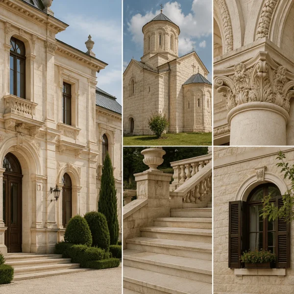 Calcar natural utilizat în arhitectura tradițională pentru fațade, coloane, scări și elemente decorative, evidențiind eleganța și autenticitatea pietrei naturale.