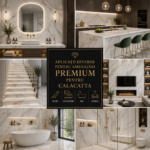 Cuarț Calacatta alb utilizat în diverse amenajări premium, inclusiv bucătării moderne, băi elegante și spații rezidențiale de lux.