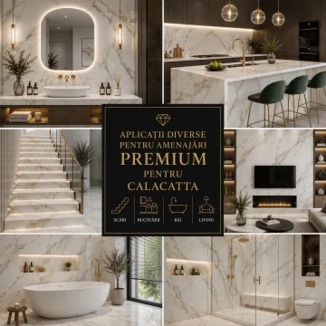Cuarț Calacatta alb utilizat în diverse amenajări premium, inclusiv bucătării moderne, băi elegante și spații rezidențiale de lux.