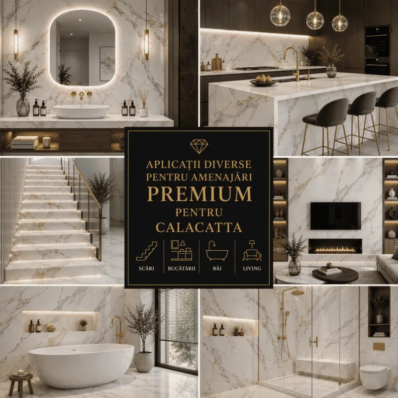 Cuarț Calacatta alb utilizat în diverse amenajări premium, inclusiv bucătării moderne, băi elegante și spații rezidențiale de lux.
