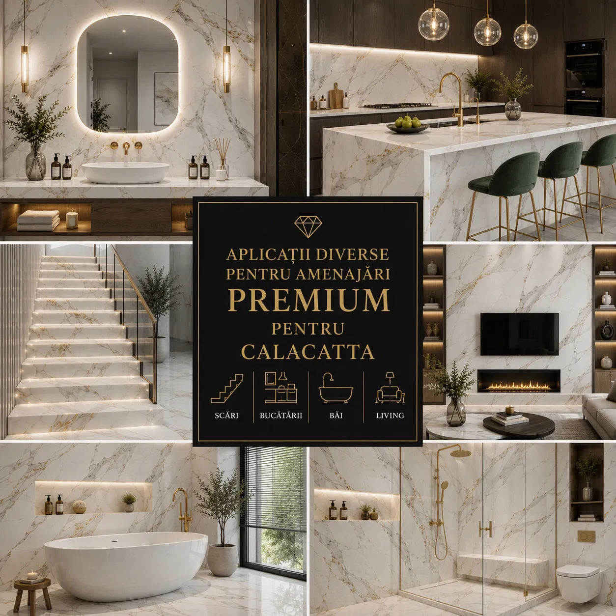 Cuarț Calacatta alb utilizat în diverse amenajări premium, inclusiv bucătării moderne, băi elegante și spații rezidențiale de lux.