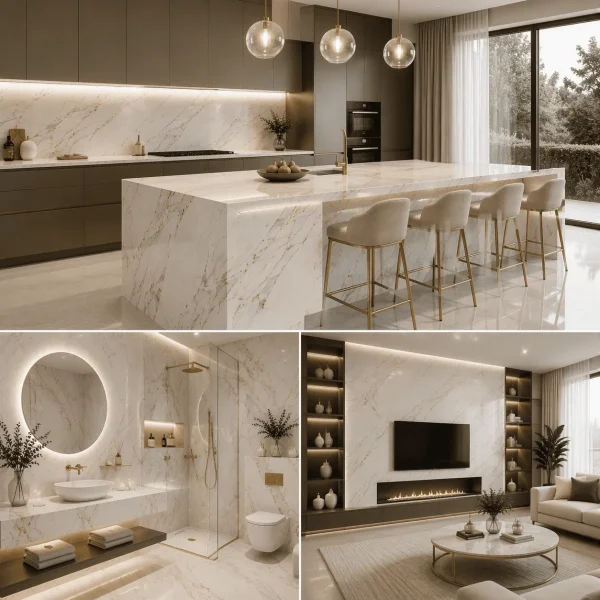 Cuarț Calacatta utilizat în aplicații premium pentru bucătării, băi, livinguri și spații comerciale elegante.