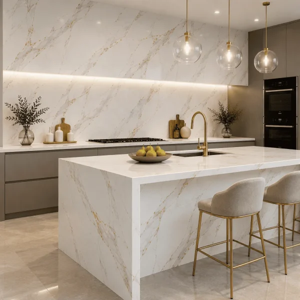 Amenajări premium cu cuarț Calacatta alb în bucătărie, baie și living, evidențiind eleganța și durabilitatea materialului.