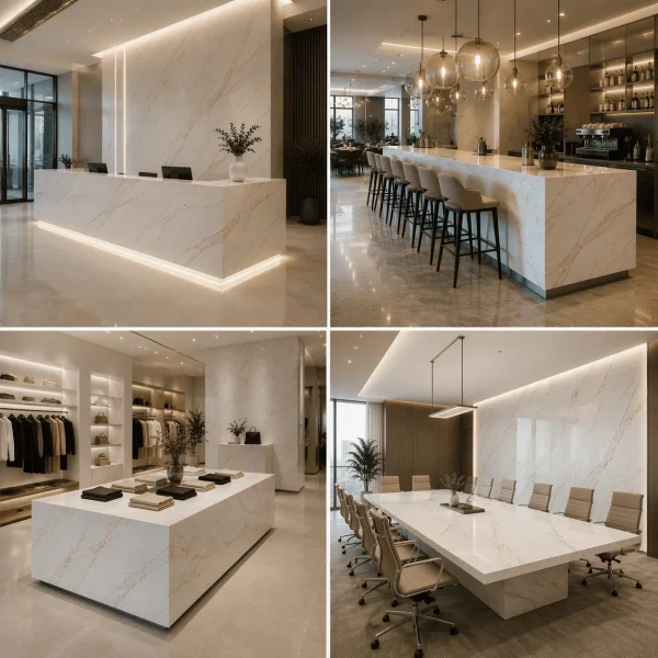 Cuarț Calacatta utilizat în proiecte comerciale moderne, inclusiv recepții, restaurante, magazine de lux și săli de conferințe.