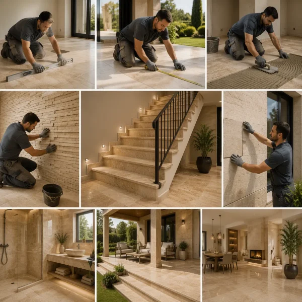 Montaj profesional de travertin pentru interior și exterior realizat de echipa Granital