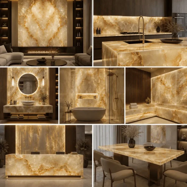 Diferite aplicații ale onixului natural în bucătării, băi, livinguri și spații premium cu design elegant și finisaje rafinate.