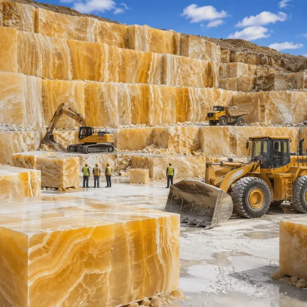 Blocuri de onix natural extrase din carieră, evidențiind structura, culorile și frumusețea naturală a pietrei.