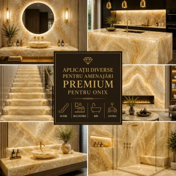 Diferite aplicații ale cuarțului cu aspect de onix în amenajări premium pentru bucătării, băi, livinguri și spații elegante.