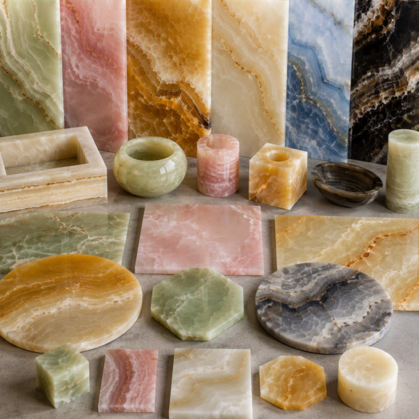 Plăci și elemente din Onix Natural în diferite forme utilizate în proiecte de design interior elegante