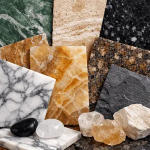 Plăci de piatră naturală – granit, marmură, travertin și onix, prezentate în diverse culori și texturi.