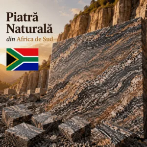Piatră naturală din Africa de Sud cu model spectaculos în nuanțe de maro, crem și negru, prezentată sub formă de placă și blocuri decorative.