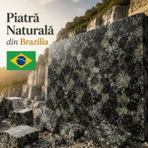 Piatră naturală din Brazilia cu venaturi spectaculoase și nuanțe exotice de verde, auriu și maro, ideală pentru proiecte premium de amenajare.