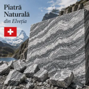 Piatră naturală din Elveția cu model elegant în nuanțe de gri și alb, prezentată sub formă de placă și blocuri decorative din piatră naturală.