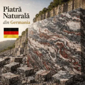 Piatră naturală din Germania – granit german cu nuanțe gri și vene fine, fotografiat în carieră.