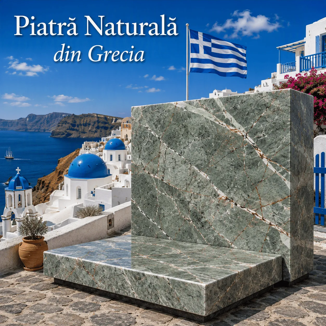 Piatră naturală din Grecia Verde Tinos, marmură verde cu venaturi spectaculoase și aspect elegant, ideală pentru amenajări premium.