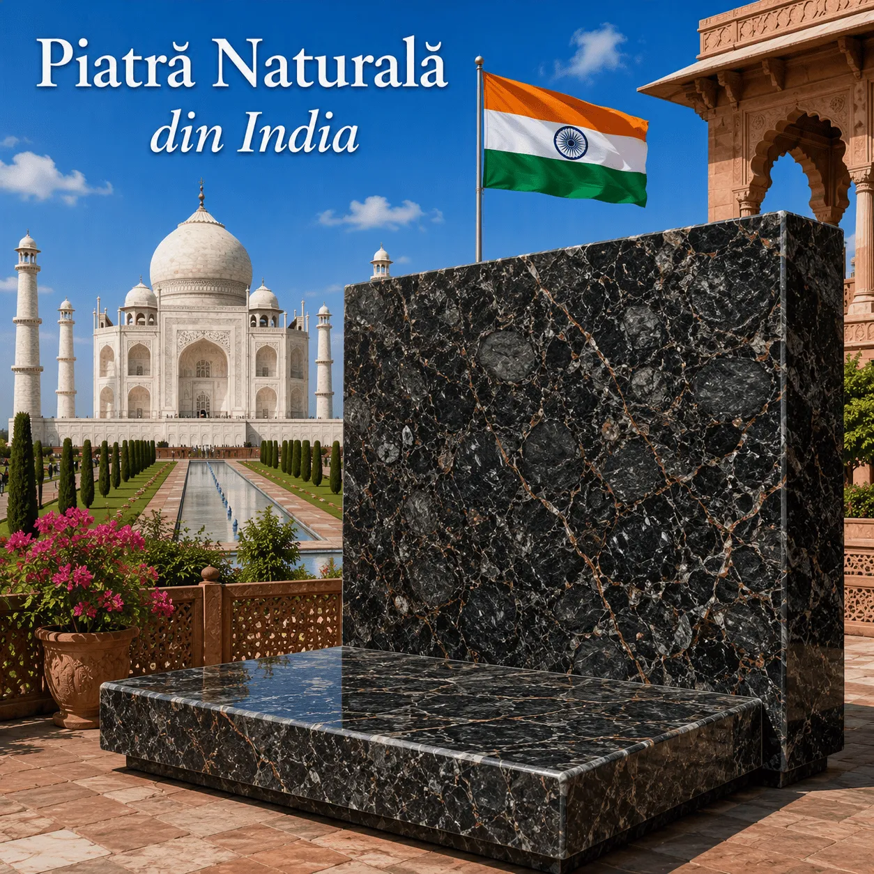 Piatră naturală din India Black Forest, granit cu contrast puternic între nuanțele de negru, gri și alb, utilizat în proiecte premium de amenajare.