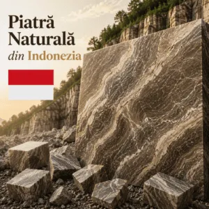 Piatră naturală din Indonezia cu textură distinctivă și nuanțe naturale de gri, bej și maro, ideală pentru amenajări interioare și exterioare elegante.