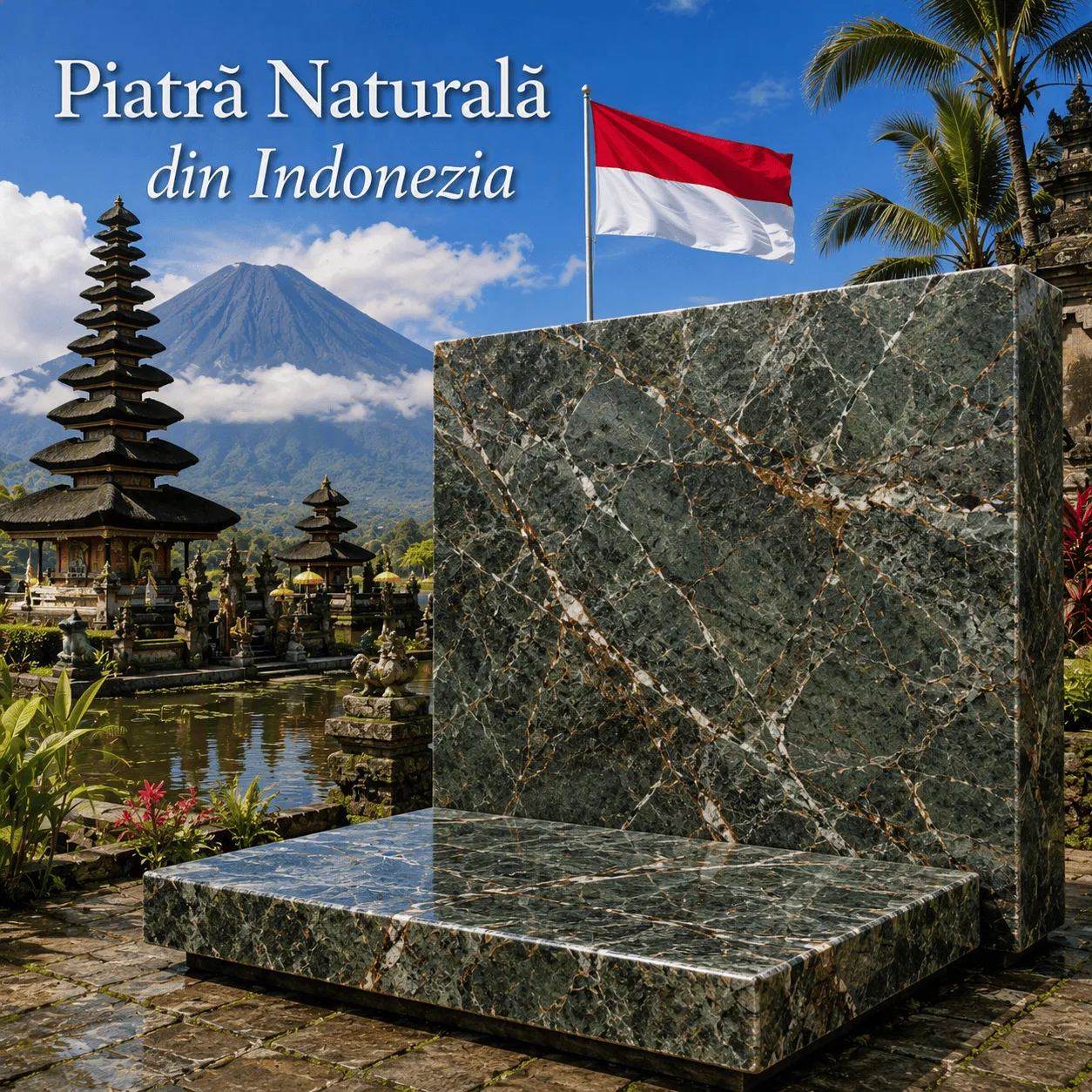 Piatră naturală din Indonezia Verde Bourgogne, marmură verde cu venaturi naturale spectaculoase, ideală pentru amenajări elegante și proiecte premium.