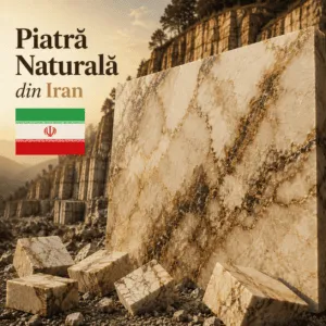 Piatră naturală din Iran cu venaturi elegante și nuanțe naturale de crem, bej și maro, utilizată în proiecte premium de amenajare.