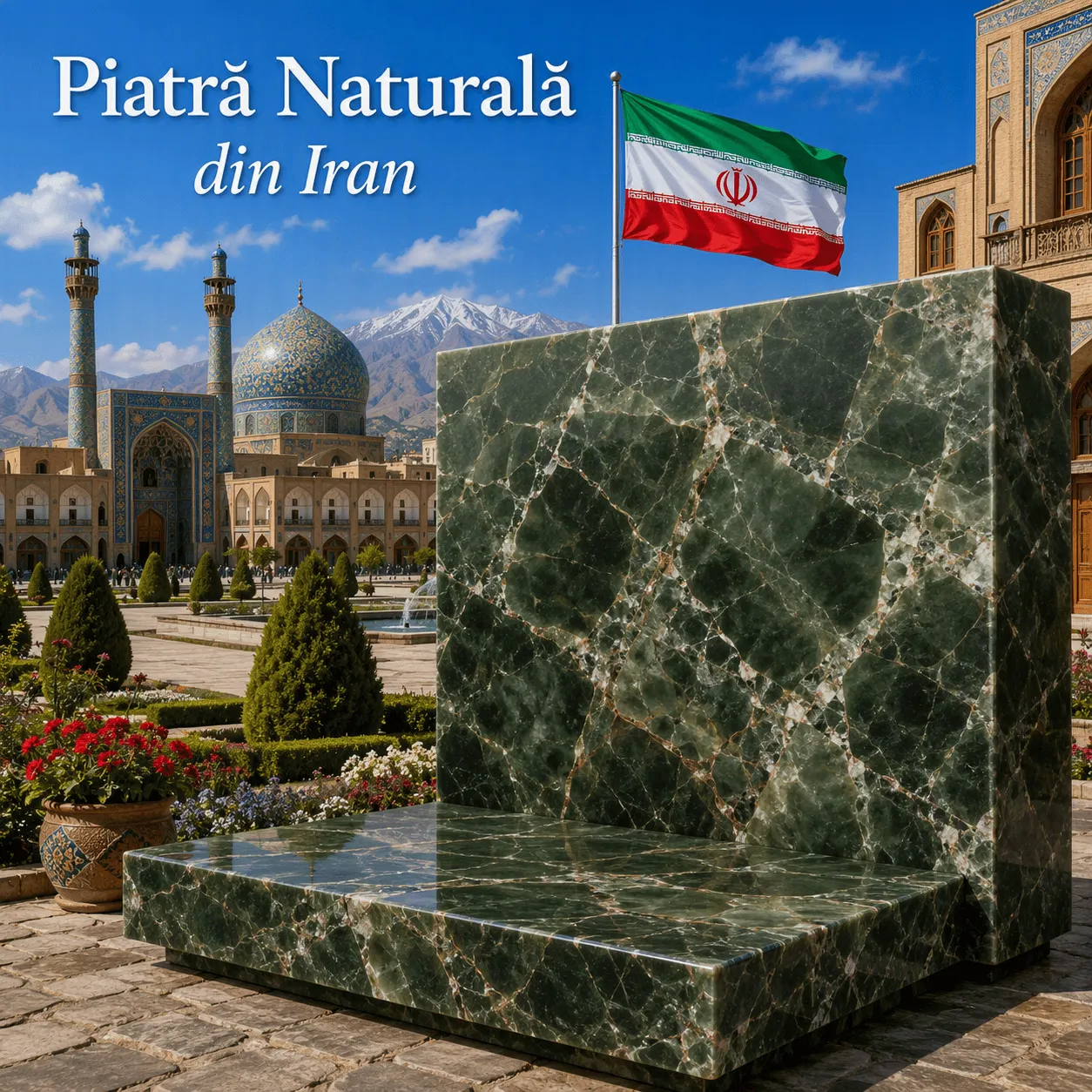 Piatră naturală din Iran, onix verde Dark Green cu venaturi elegante, prezentată într-un decor inspirat din arhitectura tradițională iraniană.