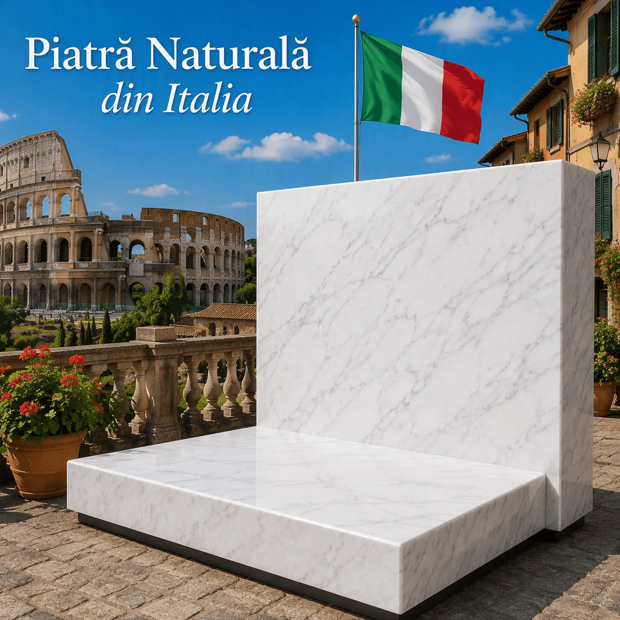 Piatră naturală din Italia Bianco Carrara, marmură albă cu venaturi gri elegante, recunoscută pentru aspectul său rafinat și atemporal.