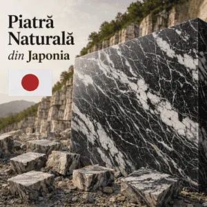 Piatră naturală din Japonia – granit japonez cu nuanțe negru‑alb și vene elegante, fotografiat în carieră.