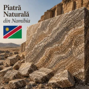Piatră naturală din Namibia cu aspect elegant și texturi naturale în nuanțe de gri, negru și accente calde, ideală pentru amenajări premium.
