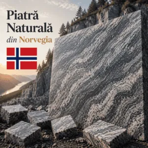 Piatră naturală din Norvegia cu model elegant în nuanțe de gri, alb și negru, recomandată pentru amenajări interioare și exterioare premium.