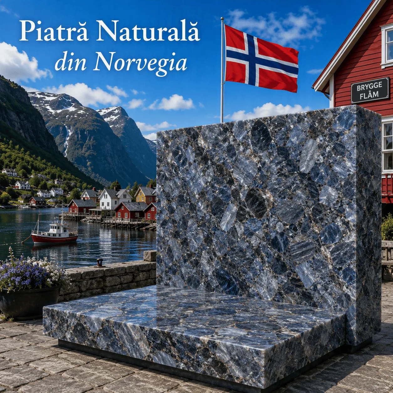 Piatră naturală din Norvegia Oyster Azul, granit cu nuanțe de albastru, gri și bej, evidențiat prin textura sa naturală și aspectul elegant.
