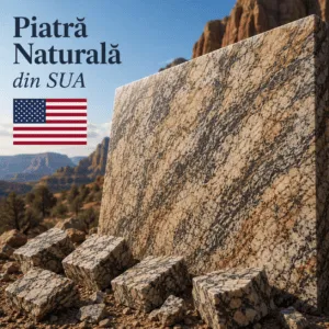 Piatră naturală din SUA cu model distinctiv în nuanțe de crem, auriu și negru, prezentată sub formă de placă și blocuri decorative din piatră naturală.