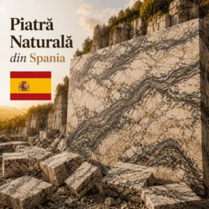 Piatră naturală din Spania cu textură elegantă și variații naturale de culoare, prezentată sub formă de placă și blocuri decorative pentru amenajări premium.