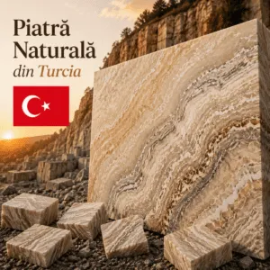 Piatră naturală din Turcia cu textură elegantă în nuanțe de bej și crem, utilizată pentru amenajări interioare și exterioare premium.