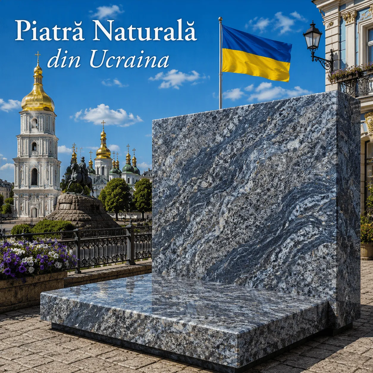 Piatră naturală din Ucraina Volga Blue, granit albastru-negru cu inserții minerale strălucitoare și aspect elegant pentru amenajări premium.