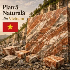 Piatră naturală din Vietnam – granit vietnamez roșiatic‑auriu cu vene dinamice, fotografiat în carieră.