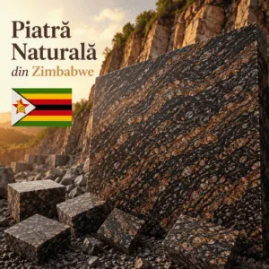 Piatră naturală din Zimbabwe – granit zimbabwian verde‑închis cu vene albe și negre, fotografiat în carieră.
