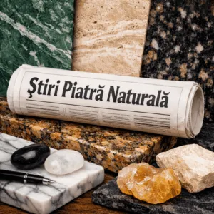Ziar cu titlul Știri Piatră Naturală, înconjurat de plăci și pietre naturale – marmură, granit, travertin și onix.