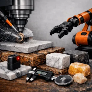 Echipamente moderne pentru prelucrarea pietrei naturale – CNC, braț robotic și mostre de marmură, granit și onix.