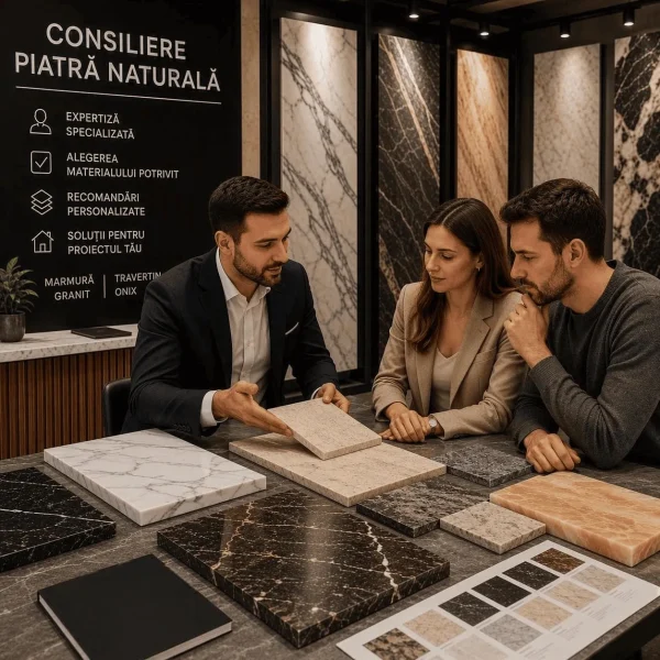 Consiliere piatră naturală în showroom specializat, cu prezentarea și compararea mostrelor de marmură, granit, travertin și alte materiale naturale pentru proiecte rezidențiale și comerciale.