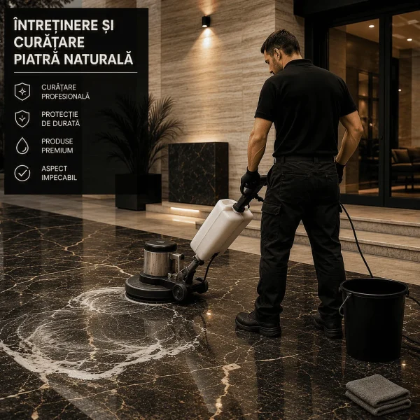 Curățare piatră naturală realizată profesional pentru marmură, granit și travertin, utilizând soluții specializate pentru îndepărtarea murdăriei și redarea aspectului original al suprafețelor.