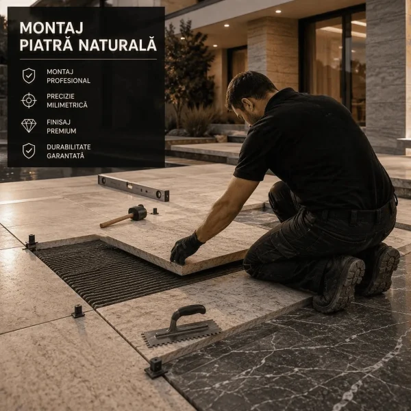 Montaj piatră naturală realizat de specialiști pentru pardoseli, placări și trepte din marmură, granit și travertin, cu atenție la detalii și finisaje de calitate.
