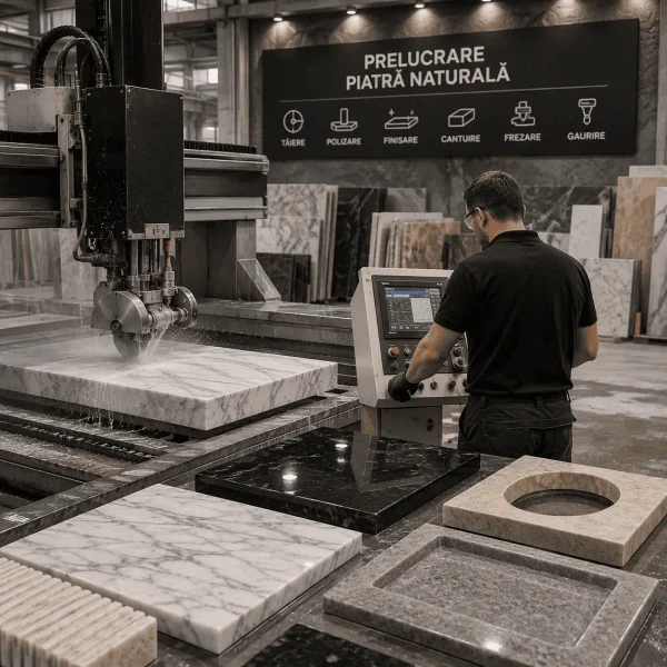 Prelucrare piatră naturală cu utilaje CNC performante pentru debitarea și finisarea plăcilor din marmură, granit și travertin în atelier specializat.