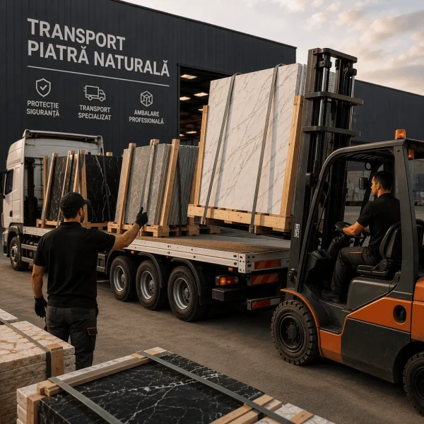 Transport piatră naturală cu camion specializat și utilaje de manipulare pentru încărcarea și livrarea în siguranță a plăcilor din marmură, granit și travertin către proiecte rezidențiale și comerciale.v