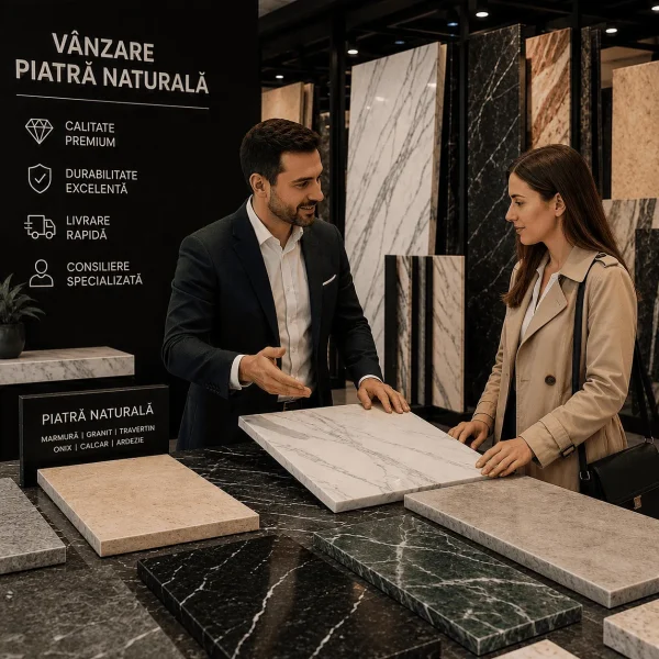 Vânzare piatră naturală în showroom specializat, cu expunere de plăci și mostre din marmură, granit, travertin, ardezie și calcar pentru amenajări interioare și exterioare.